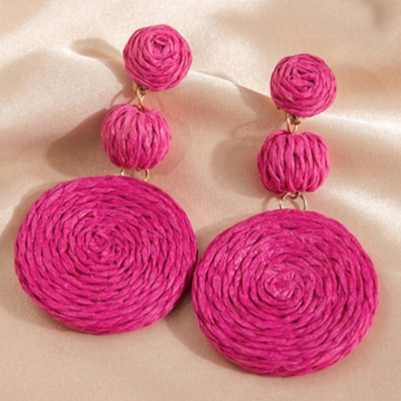 Chunky Dark Pink Rattan Earrings Wicker Bold Retro Raffia Dangle 80s 90s New - Picture 8 of 8